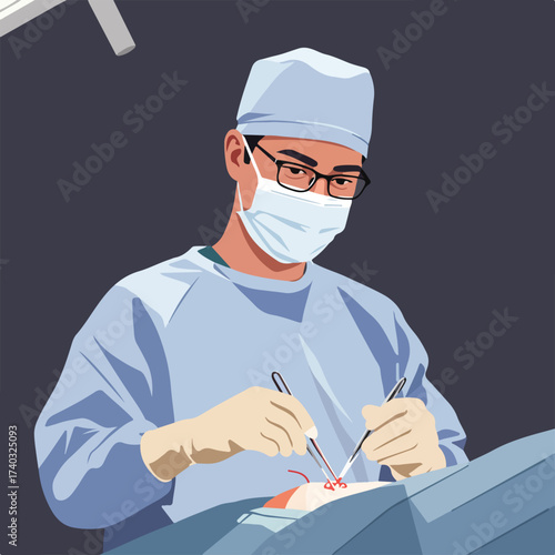 Surgeon in scrubs and mask performs surgery with instruments
