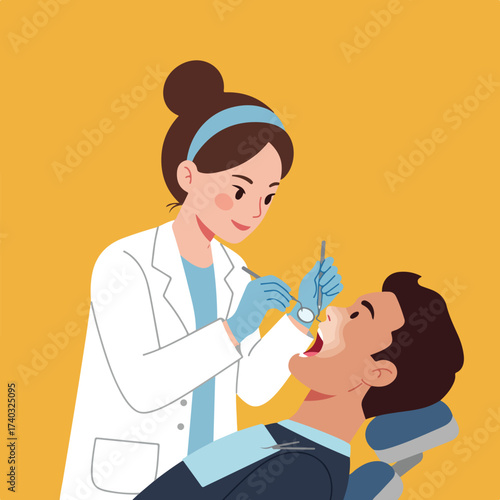 A dentist examines a patient's teeth with instruments