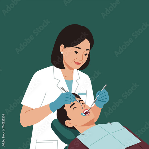 Dentist examining a patient's teeth with instruments and mirror