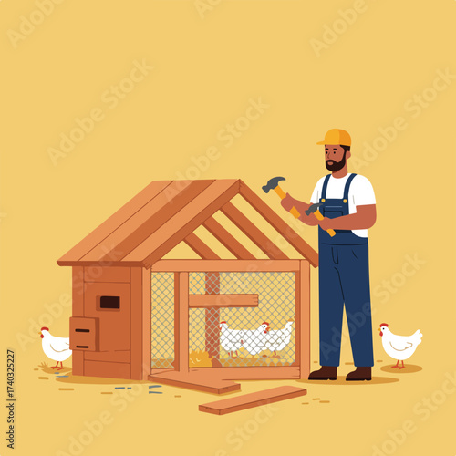 Man building coop for chickens with hammer and wood