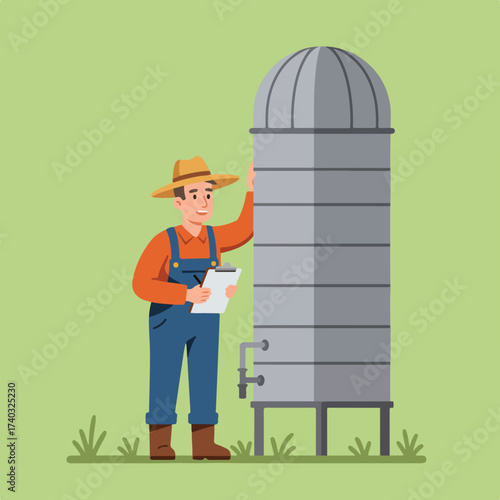 Farmer in hat and overalls with clipboard next to tall silo