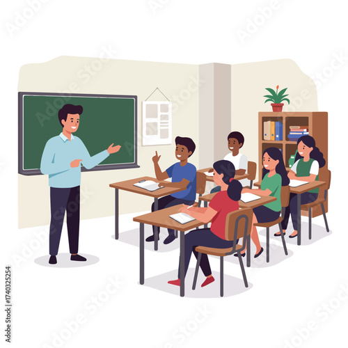 Diverse students engaged in a lesson with their teacher at the front