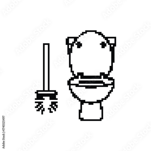 Pixelated Toilet and Brush Illustration for Bathroom Designs and Hygiene Concepts in Black and White