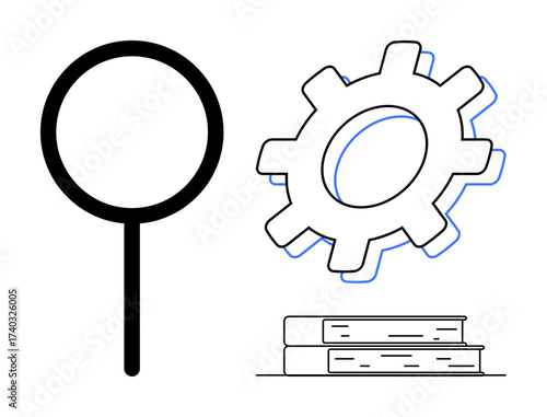 Magnifying glass, gear, and stacked books symbolize exploration, learning, and process optimization. Ideal for research, education, technology, innovation problem-solving analysis and strategy