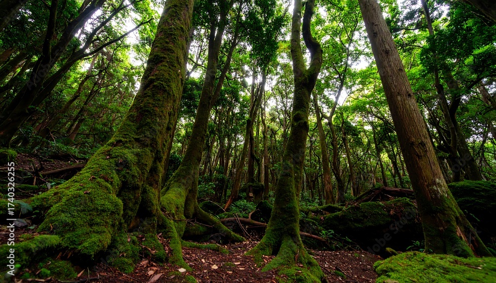 Obraz premium Lush Forest Landscape with Green Trees and Mossy Ground Sunlight Filtering Through