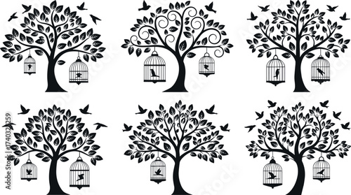 Stylized black and white tree illustrations with birdcages and flying birds, nature freedom concept, decorative silhouette vector art design
