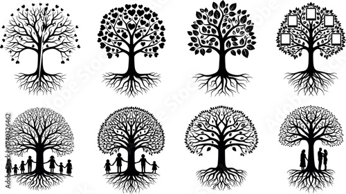 Stylized family tree vector set with emotional connection, ancestry, heritage, love, unity, generational bond, portraits, children, and parents