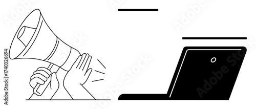 Hands raise a megaphone with waves while a laptop stands open nearby. Ideal for digital marketing, online communication, social media outreach, branding, public relations, awareness, simple flat