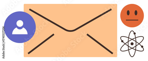 Envelope in the center, surrounded by user icon, frowning face, and atomic arrangement. Ideal for communication, networking, feedback analysis, knowledge exchange, scientific updates user