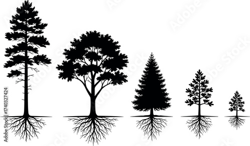 Tree Root System Comparison with Five Different Species Showing Underground Structures, Growth Patterns, and Morphological Diversity in Nature Illustration