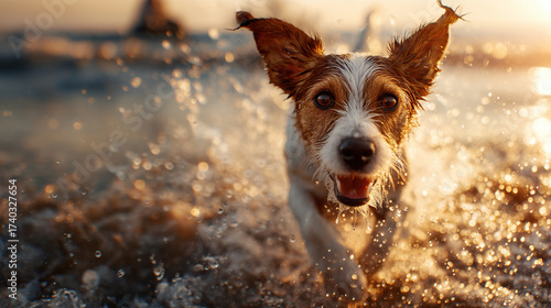Happy Dog Running Through Water at Sunset on a Beach
