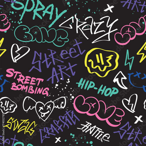 Colorful seamless pattern street black graffiti lettering elements in the grunge style with tags a black background. Urban savage spray paint art. Set creative vector design teenage for tee t shirt