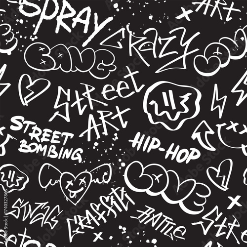 Seamless pattern street black graffiti lettering elements in the grunge style with tags a black background. Urban savage spray paint art. Set creative vector design teenage for tee t shirt