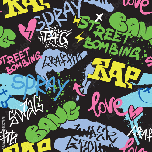 Seamless pattern street RAP graffiti lettering elements in the grunge style with tags, drips on black bg. Urban savage spray paint art. Set creative vector design teenage graffiti cartoon for tee
