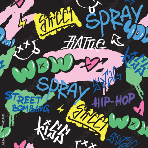 Seamless pattern street graffiti lettering elements in the grunge style with tags, drips and blobs on black bg. Urban savage spray paint art. Set creative vector design teenage graffiti cartoon