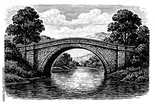 An old stone bridge arches gracefully over a tranquil river, reflecting its structure in the calm water, surrounded by lush trees and distant hills under a cloudy sky