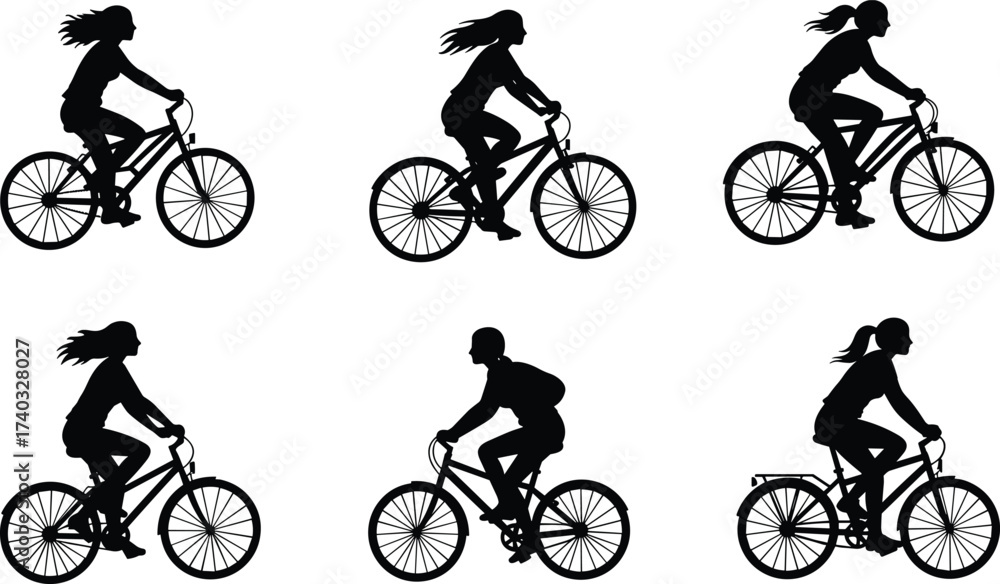 Obraz premium Cycling silhouette illustration, people riding bicycles, outdoor fitness activity, healthy lifestyle exercise, bike riding sport, transportation, leisure, recreation, active movement