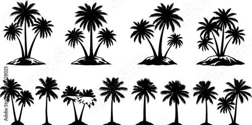 Tropical palm tree silhouettes collection with island clusters and individual trees, perfect for summer, beach, nature, travel, and botanical designs