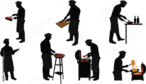 Professional chef silhouette cooking food, grilling vegetables, preparing pizza, frying meat, baking bread, kitchen illustration, culinary design, restaurant concept, gourmet art, food preparation