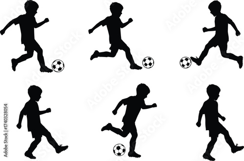 Silhouette of children playing soccer, football practice, running with ball, kicking game action, sports training activity, outdoor physical fitness exercise
