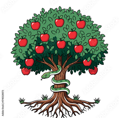 Vector illustration of apple tree with snake, symbolic Garden of Eden concept, biblical temptation, nature, mythology, vibrant colors, spirituality