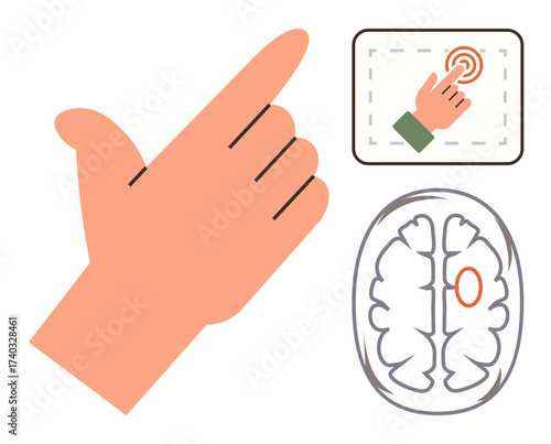 Hand making a gesture, brain with a highlighted focus area, and touch interaction panel. Ideal for neuroscience, learning, interface design, cognition, communication, innovation technology concepts