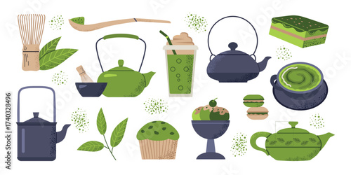 Set collection of Matcha drink elements green tea, cup, ice cream, cake, macaroon, tea leaves, smoothie, muffin. Matcha teapots, spoon and whisk