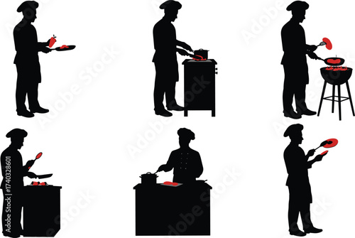 Professional chef silhouettes cooking with kitchen utensils, frying pan, stove, barbecue grill, preparing delicious food, culinary art, restaurant, gastronomy concept