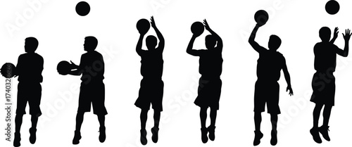 Silhouette basketball players action sequence, dribbling, passing, jumping, shooting ball, isolated sport figures, basketball game movement, athlete training, teamwork, competition