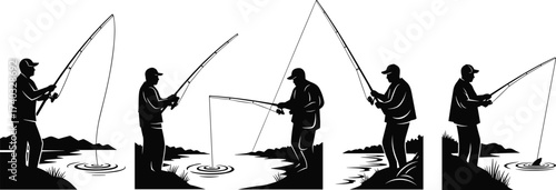 Silhouette fisherman with fishing rod, catching fish in river, outdoor fishing activity, angler standing near water, recreation, hobby, sport, adventure