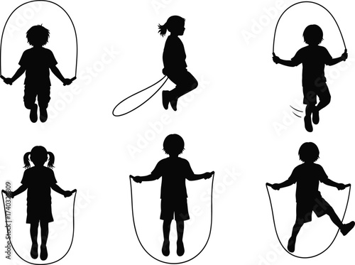 Silhouette of children skipping rope, kids jump rope exercise, outdoor play activity, healthy fitness training, childhood fun, active sports lifestyle