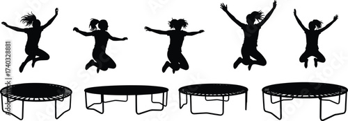 Silhouette of kids jumping on trampoline, fun outdoor activity, healthy exercise, childhood playtime, fitness jump training, energetic lifestyle recreation activity