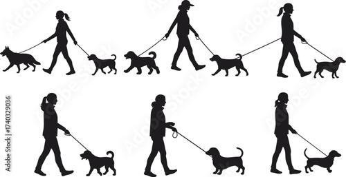 Silhouette of people walking dogs on leash, pet owners outdoor activity, exercising animals, black vector illustration isolated on white background