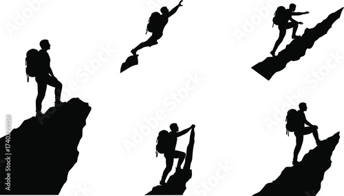 Silhouette of mountain climber with backpack, hiking, trekking, adventure sports, extreme outdoor activity, climbing peak, expedition, fitness, exploration