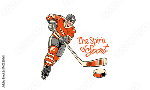  vintage illustration of an ice hockey player with a puck. Retro Spirit of Sport artwork for a t-shirt