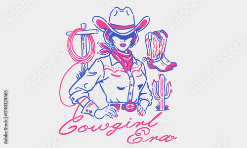 retro line art illustration of a cowgirl with western icons. Vintage Cowgirl Era artwork for a t-shirt