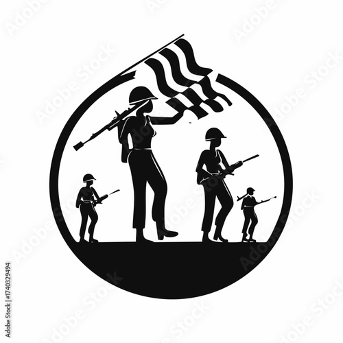 Set of female or woman soldier silhouette vector icon on white background, person in the battle, army, military people bundle concept.