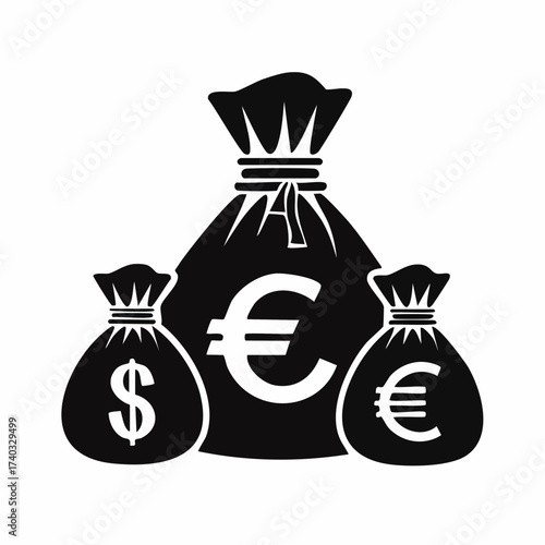 bag with dollar and euro, Black and White Dollar and Euro Money Bag Icon set vector silhouette white background