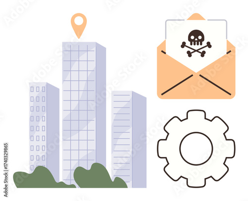 Urban skyscraper with location pin, malware icon in envelope, and gear suggesting cyberattack risks and technical responses. Ideal for cybersecurity, malware, threats, digital safety, hacking