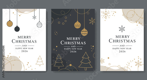 Elegant Christmas and Happy New Year 2026 Card Designs with Decorative Elements