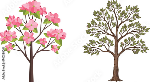 Pink blossom tree illustration, floral spring tree artwork, lush green foliage deciduous tree, seasonal contrast, artistic nature design, environmental landscape concept