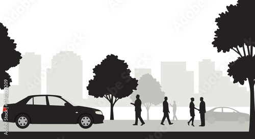 Silhouetted cityscape depicting a business meeting on a tree lined street