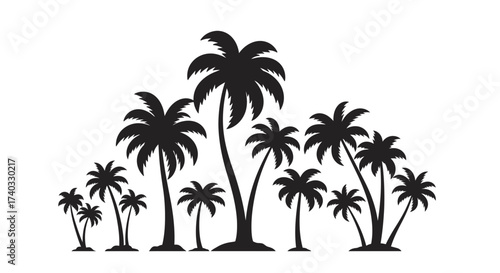 Silhouette of a tropical palm tree forest, isolated on a white background