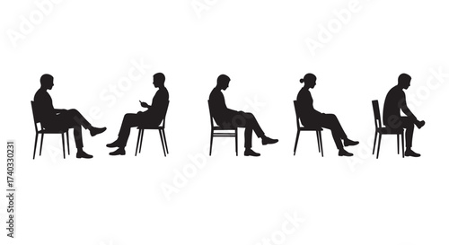 Silhouettes of diverse people sitting on chairs, isolated on white background