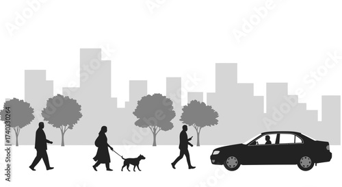 Urban Scene: Silhouette of Pedestrians, Dog, and Car against a Cityscape Backdrop