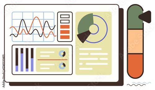 Analytical dashboard displaying line charts, pie graphs, column graphs, and a progress bar. Ideal for data analytics, performance tracking, statistics, research, finance reporting simple flat