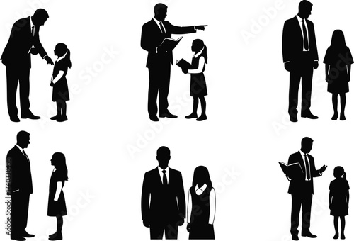 Adult child silhouette, teaching pose, parent instruction, authority figure, family interaction, education moment, guidance work, professional occupation