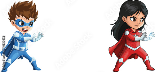 Cartoon superhero boy and girl in action poses, children fantasy comic illustration, colorful kids adventure art