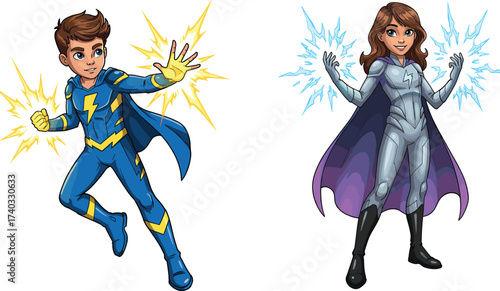 Cartoon superhero boy and girl with lightning powers, children fantasy comic illustration, colorful kids action adventure art