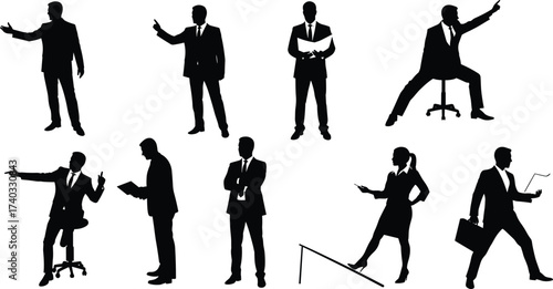 Business silhouettes, office professionals, corporate teamwork, leadership concept, financial growth, workplace success, professional staff, business illustration set